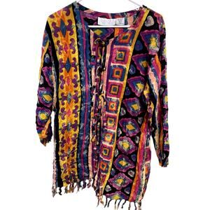 Vintage Tie Dye Hippie Fringe Tie Closure Kimono Swim Cover Resort Wear Size L